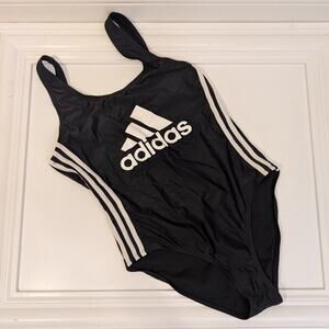 Adidas Women Swimsuit Solid Logo One-Piece Black White Plunge Back - Size M